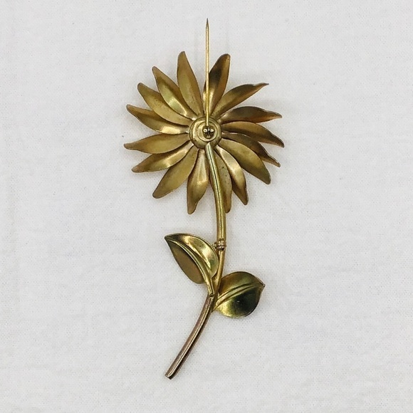VINTAGE Brooch Floral Long Stem Flower Pearl Gold Tone Pin Retro 3D Art Textured - Picture 5 of 6